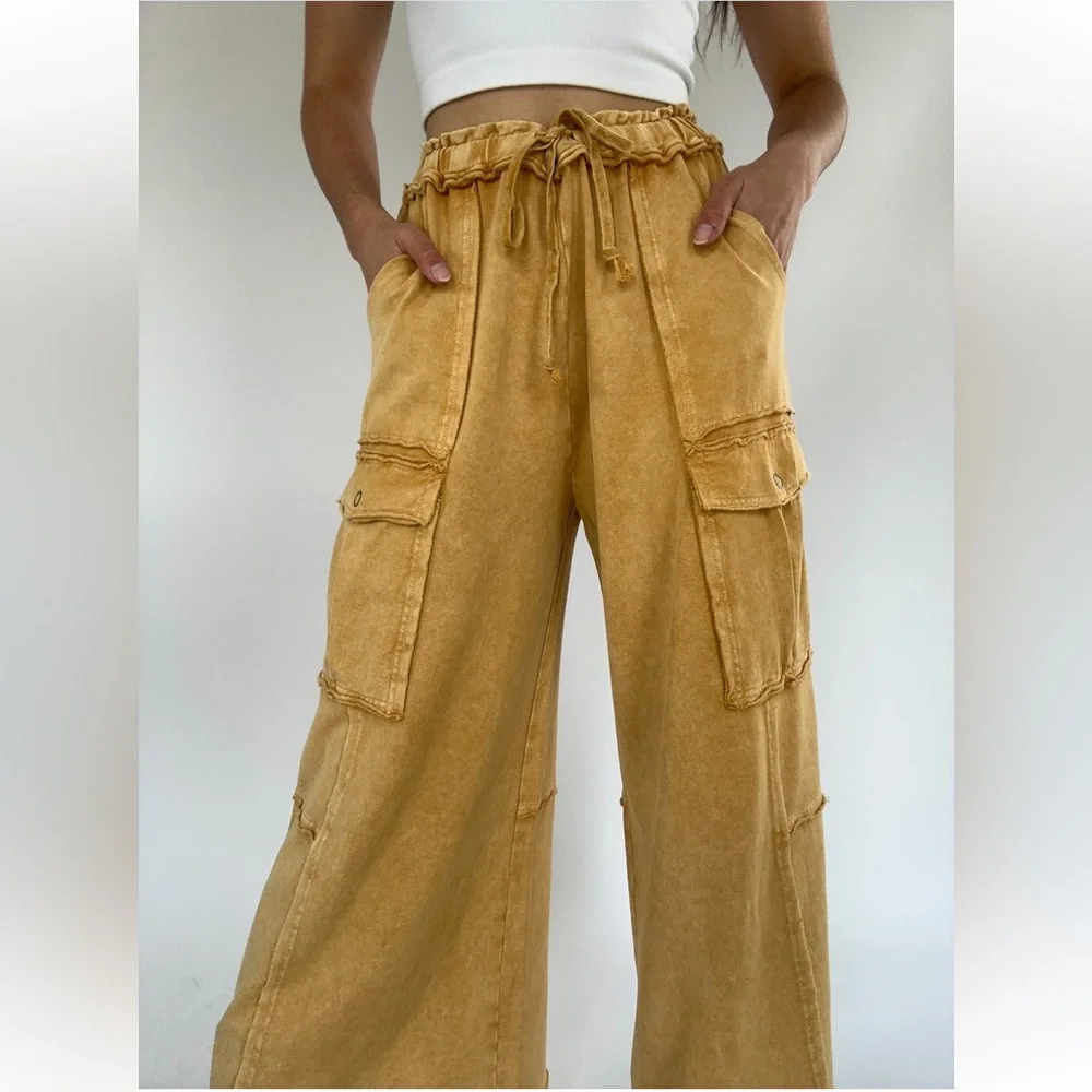 111. NWT easel Mustard Yellow Wide-Leg Cargo Pants - Picture 5 of 5